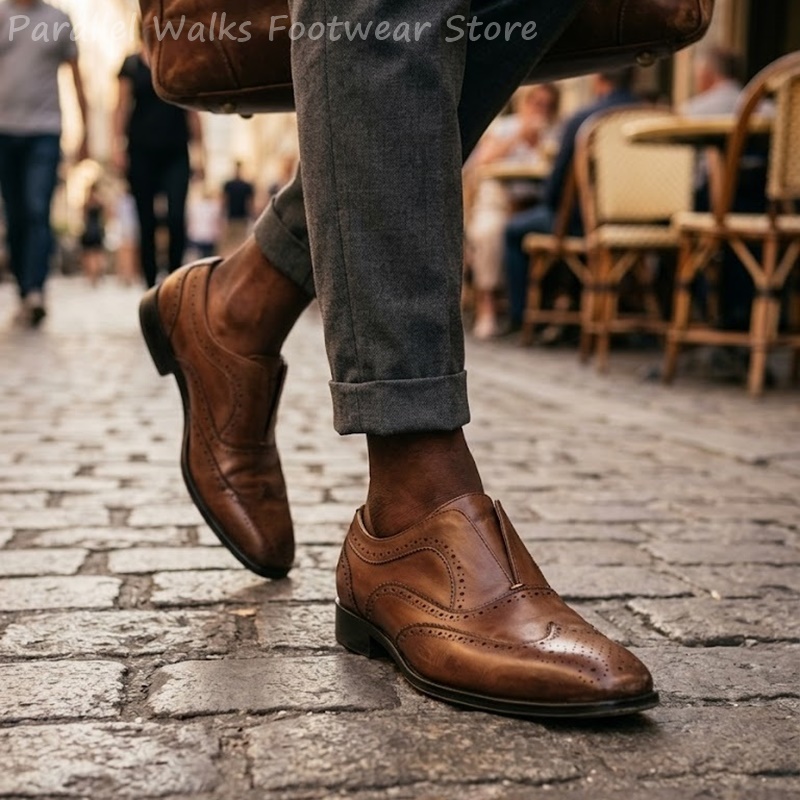 Men Shoes Oxford - Мужские коричневые кожаные туфли-броги на резинке